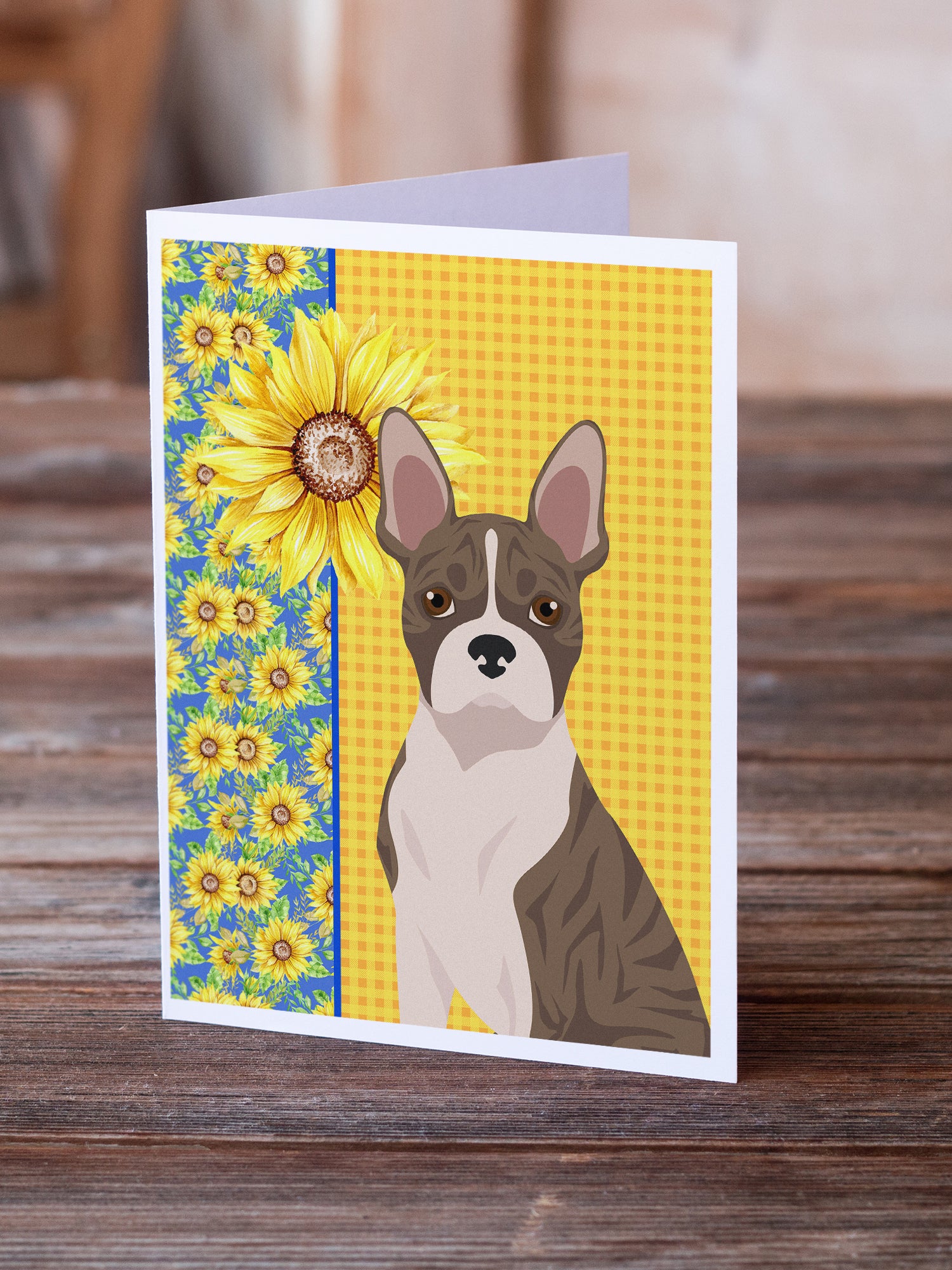 Buy this Summer Sunflowers Brindle Boston Terrier Greeting Cards and Envelopes Pack of 8
