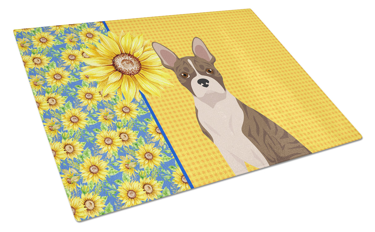 Buy this Summer Sunflowers Brindle Boston Terrier Glass Cutting Board Large