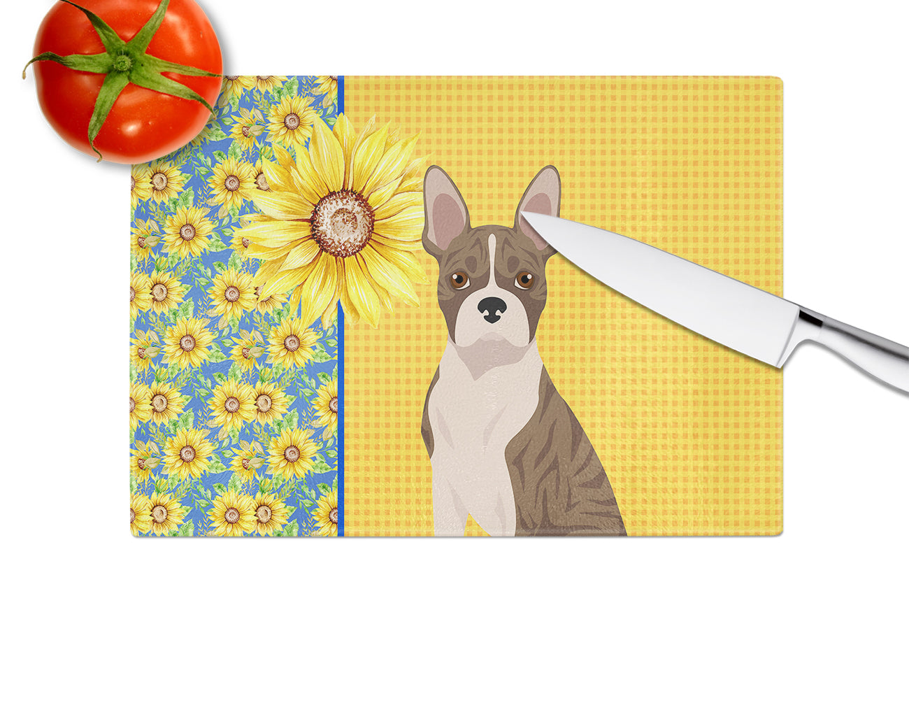 Summer Sunflowers Brindle Boston Terrier Glass Cutting Board Large - the-store.com