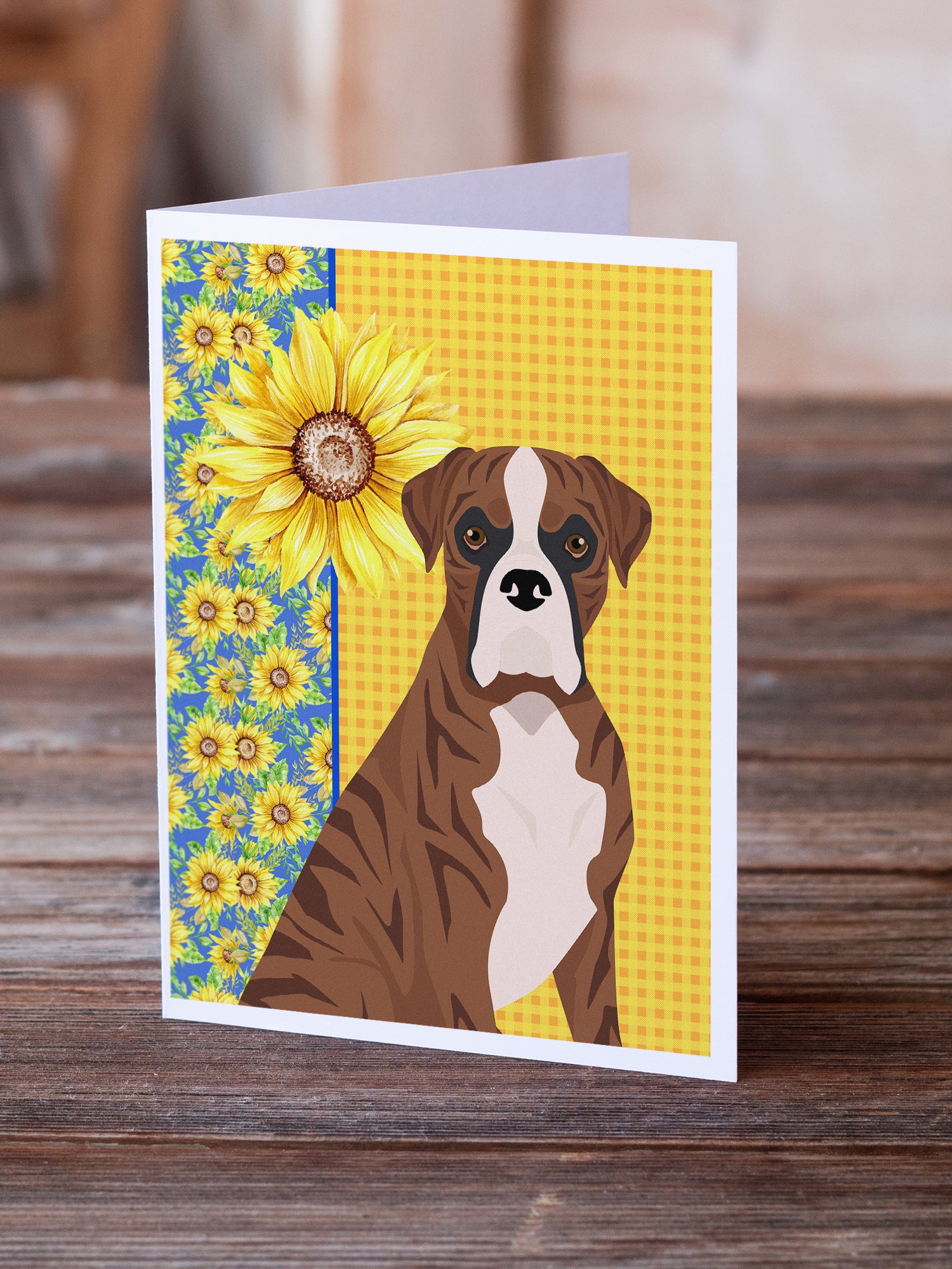 Summer Sunflowers Natural Eared Red Brindle Boxer Greeting Cards and Envelopes Pack of 8 - the-store.com