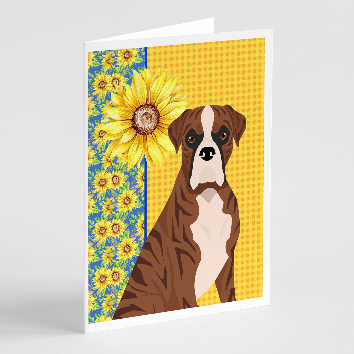 Buy this Summer Sunflowers Natural Eared Red Brindle Boxer Greeting Cards and Envelopes Pack of 8