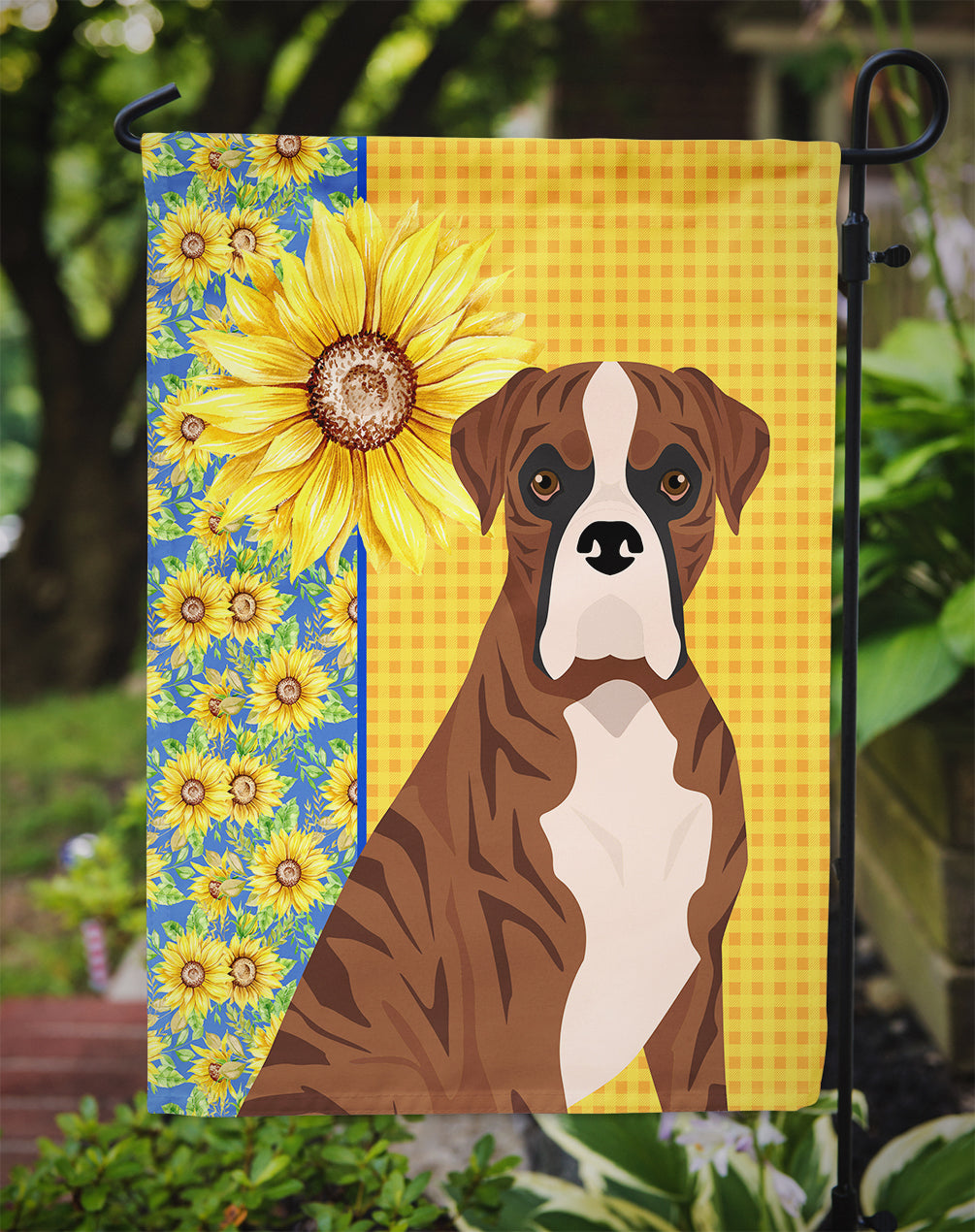 Summer Sunflowers Natural Eared Red Brindle Boxer Flag Garden Size  the-store.com.