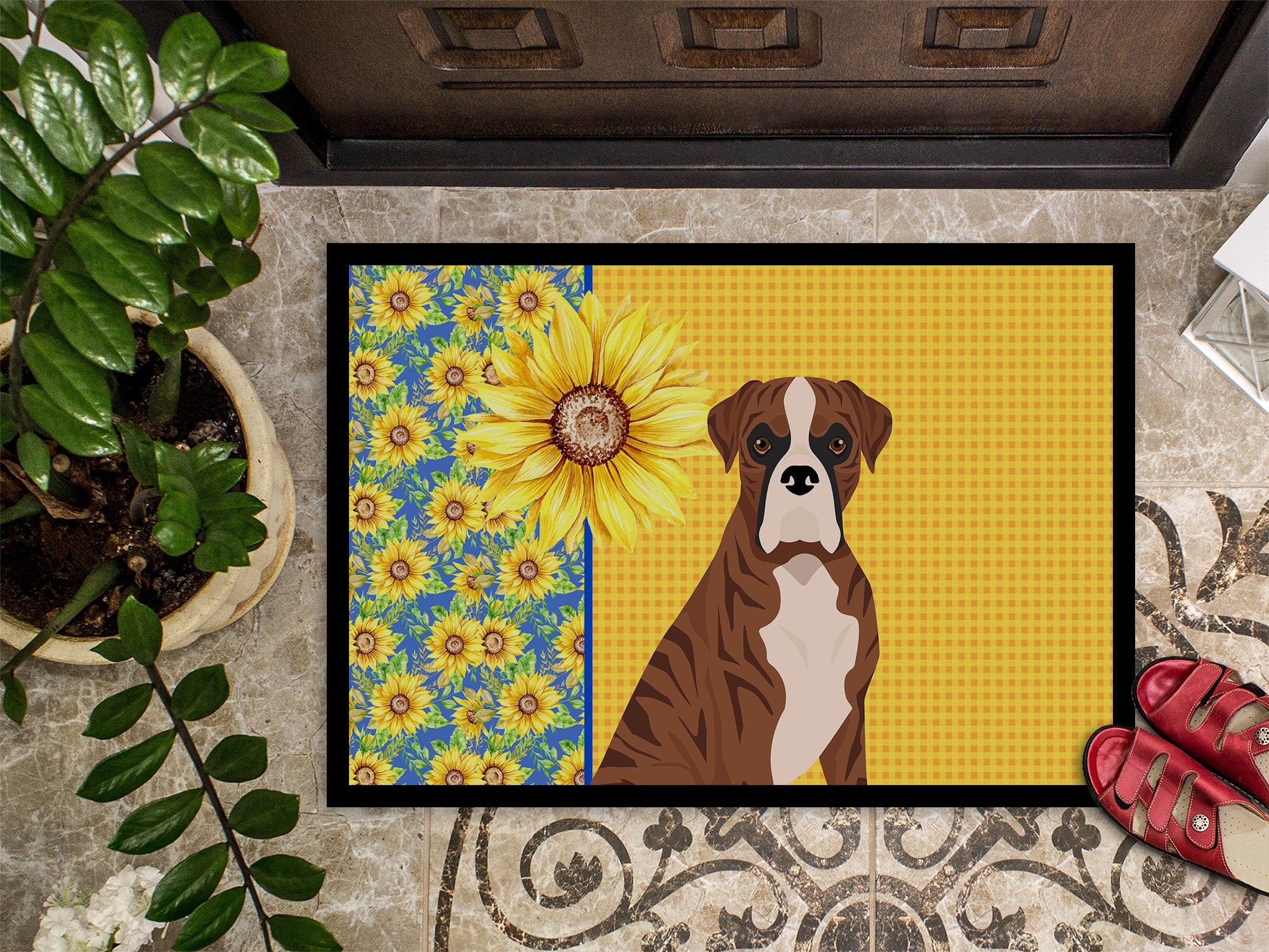 Summer Sunflowers Natural Eared Red Brindle Boxer Indoor or Outdoor Mat 24x36 - the-store.com