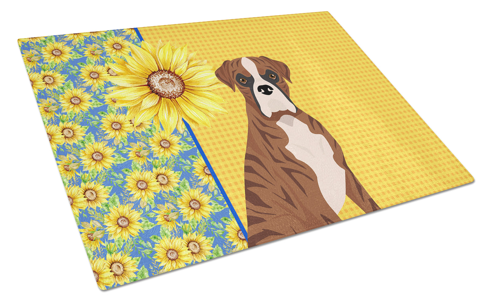 Buy this Summer Sunflowers Natural Eared Red Brindle Boxer Glass Cutting Board Large