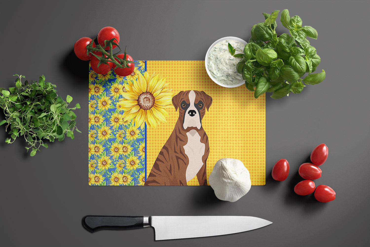 Summer Sunflowers Natural Eared Red Brindle Boxer Glass Cutting Board Large - the-store.com