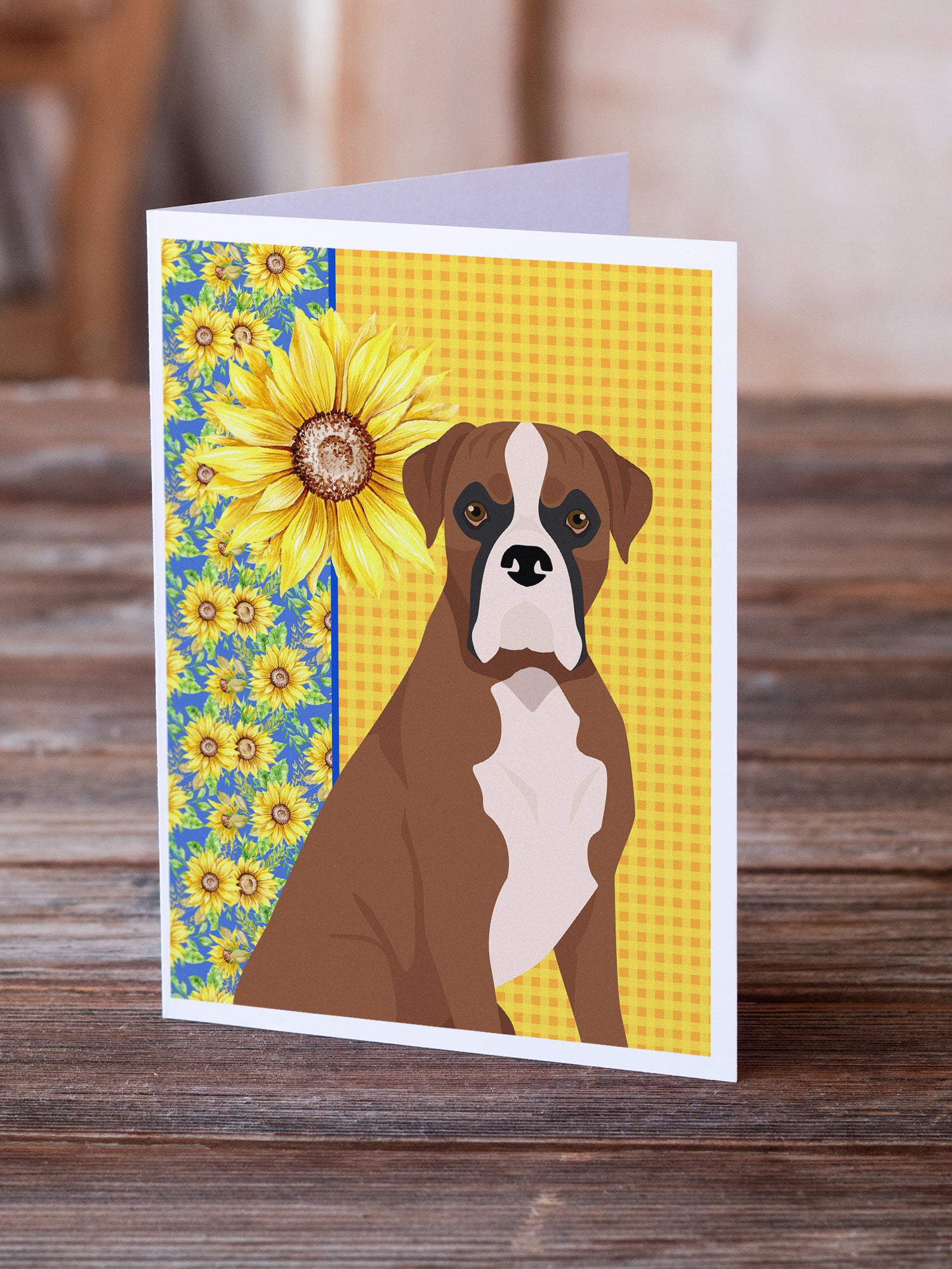 Summer Sunflowers Natural Eared Red Fawn Boxer Greeting Cards and Envelopes Pack of 8 - the-store.com