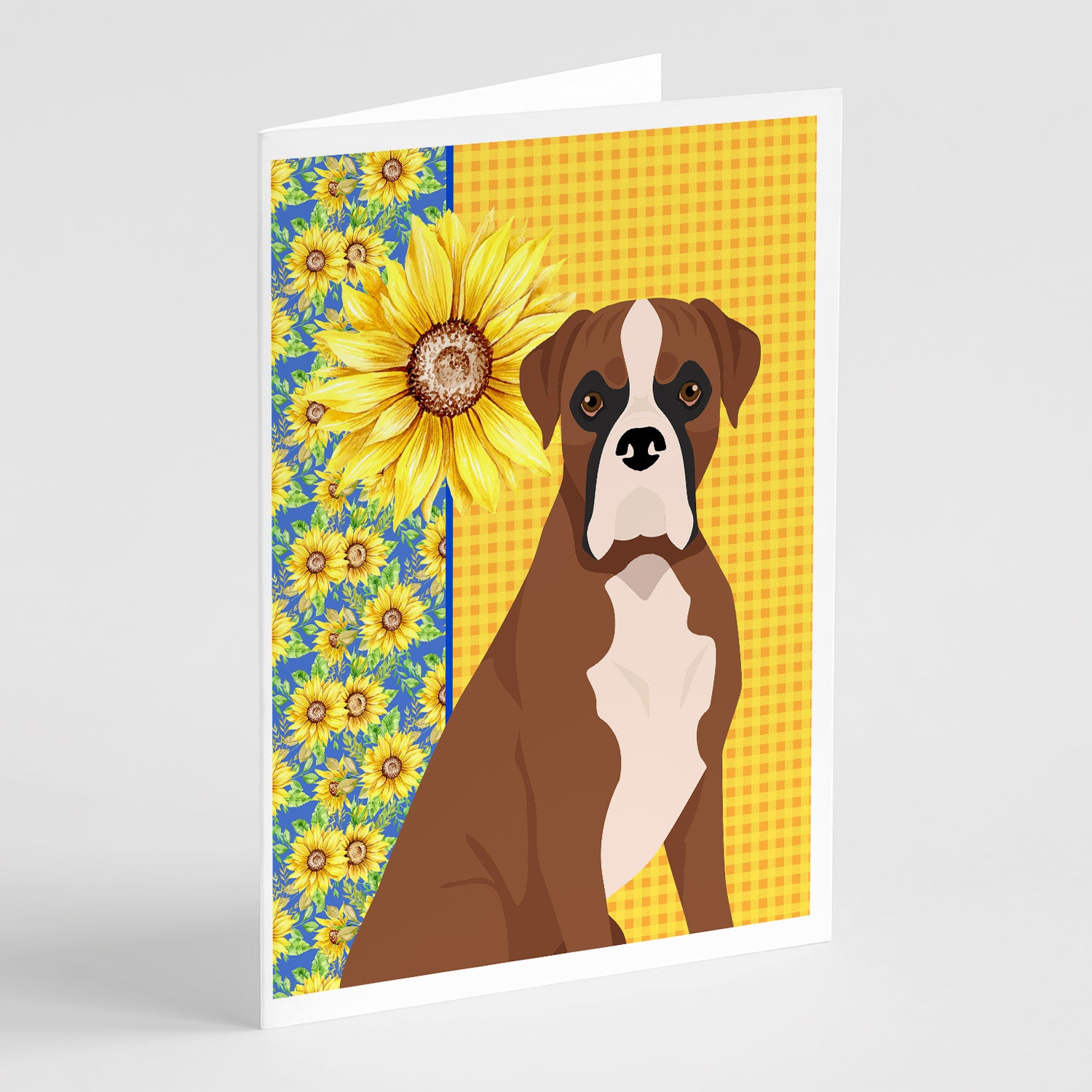Buy this Summer Sunflowers Natural Eared Red Fawn Boxer Greeting Cards and Envelopes Pack of 8
