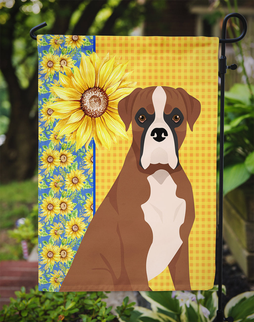 Summer Sunflowers Natural Eared Red Fawn Boxer Flag Garden Size  the-store.com.