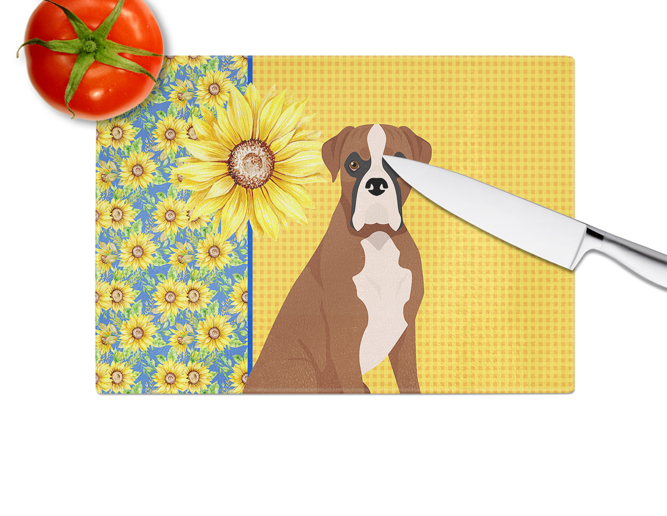 Summer Sunflowers Natural Eared Red Fawn Boxer Glass Cutting Board Large - the-store.com