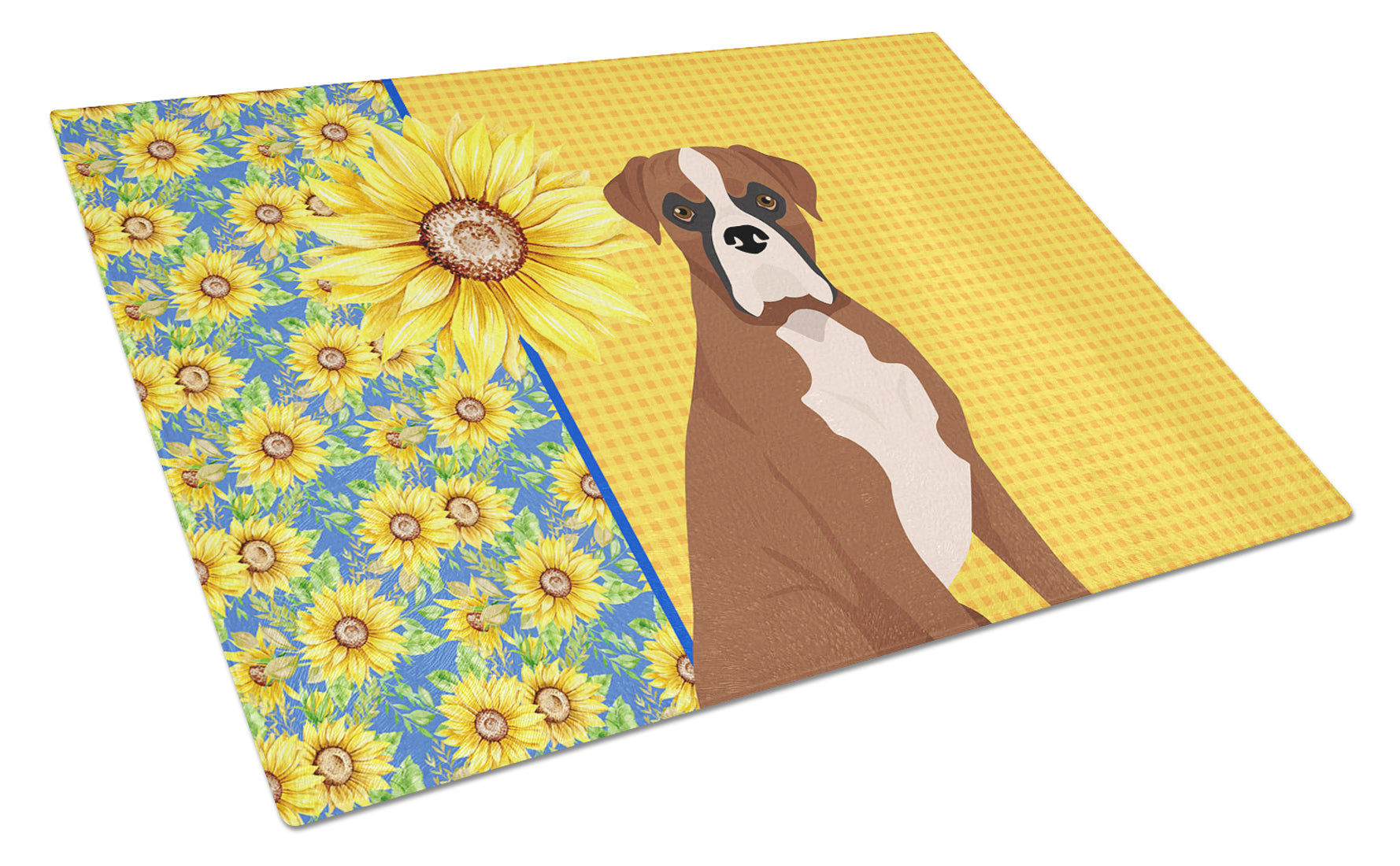 Buy this Summer Sunflowers Natural Eared Red Fawn Boxer Glass Cutting Board Large