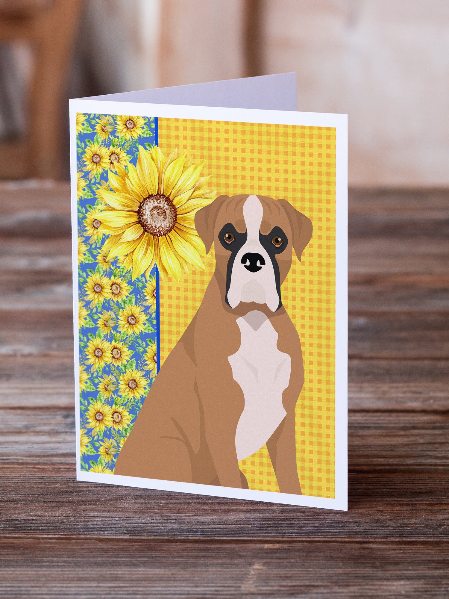 Buy this Summer Sunflowers Natural Eared Fawn Boxer Greeting Cards and Envelopes Pack of 8