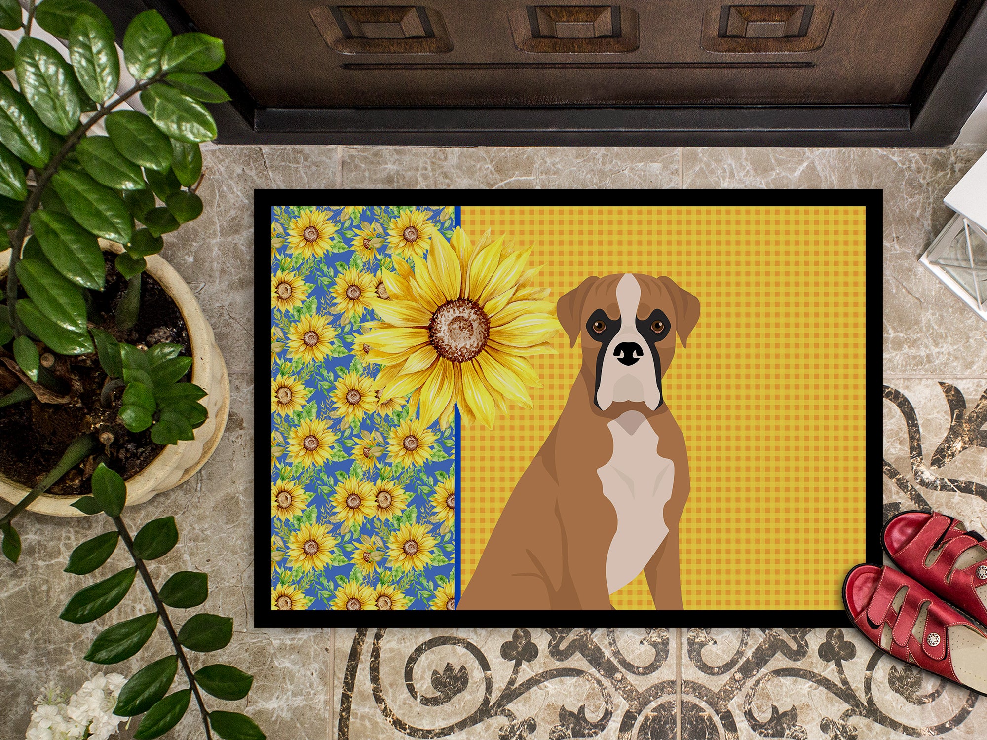 Summer Sunflowers Natural Eared Fawn Boxer Indoor or Outdoor Mat 24x36 - the-store.com