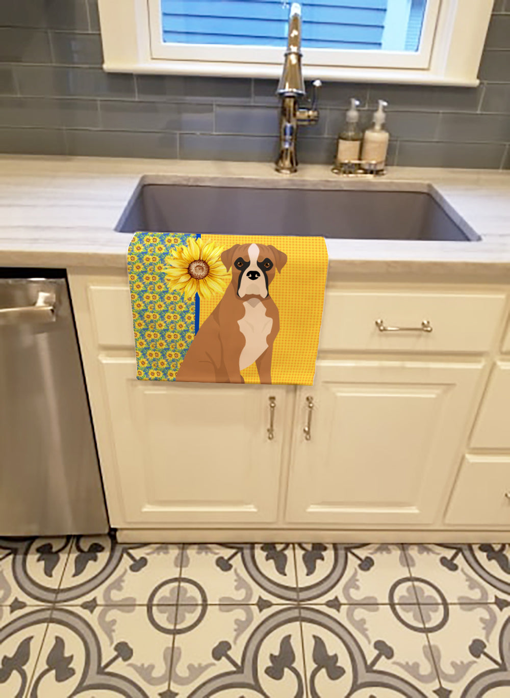 Summer Sunflowers Natural Eared Fawn Boxer Kitchen Towel - the-store.com
