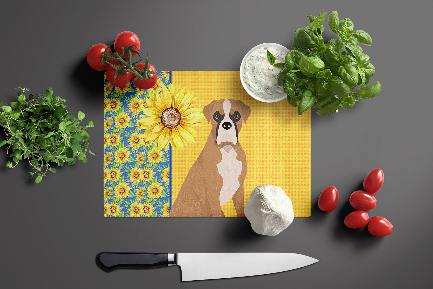 Summer Sunflowers Natural Eared Fawn Boxer Glass Cutting Board Large - the-store.com