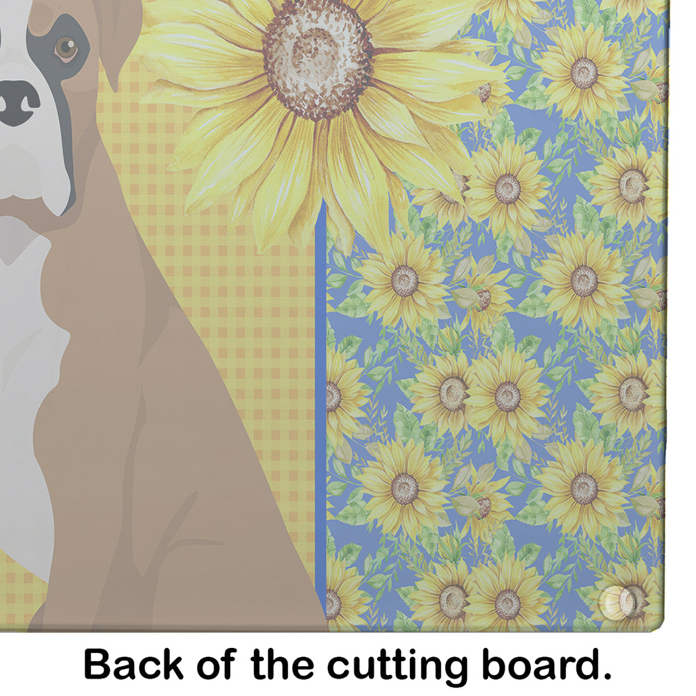 Summer Sunflowers Natural Eared Fawn Boxer Glass Cutting Board Large - the-store.com