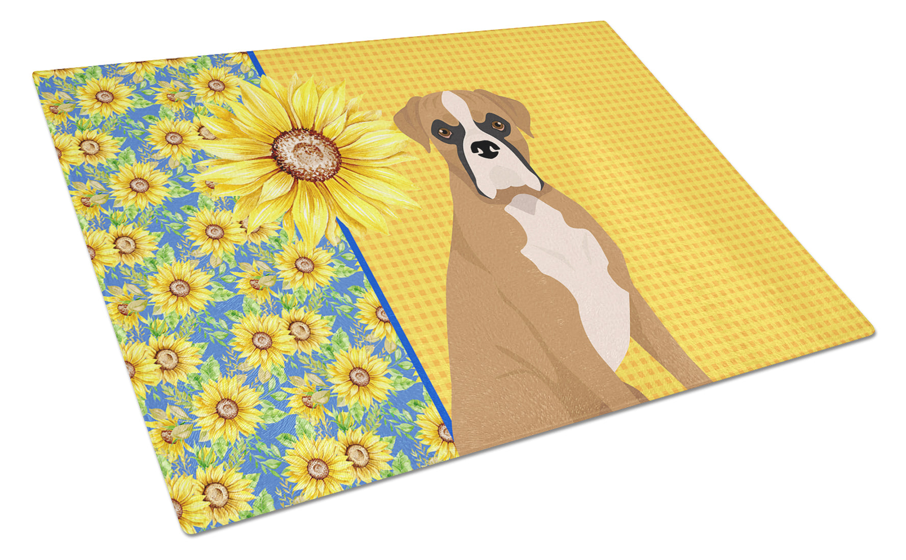 Buy this Summer Sunflowers Natural Eared Fawn Boxer Glass Cutting Board Large