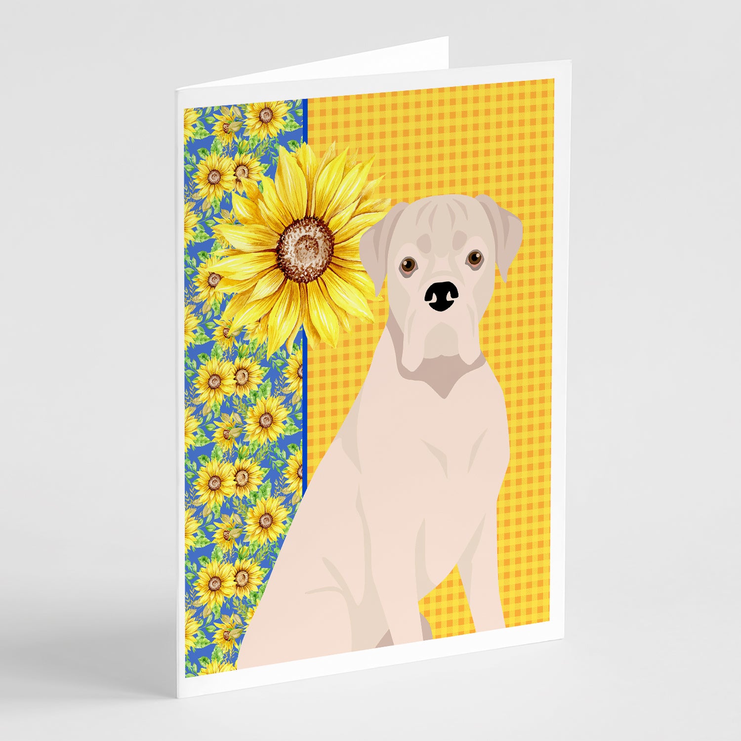 Buy this Summer Sunflowers Natural Eared White Boxer Greeting Cards and Envelopes Pack of 8