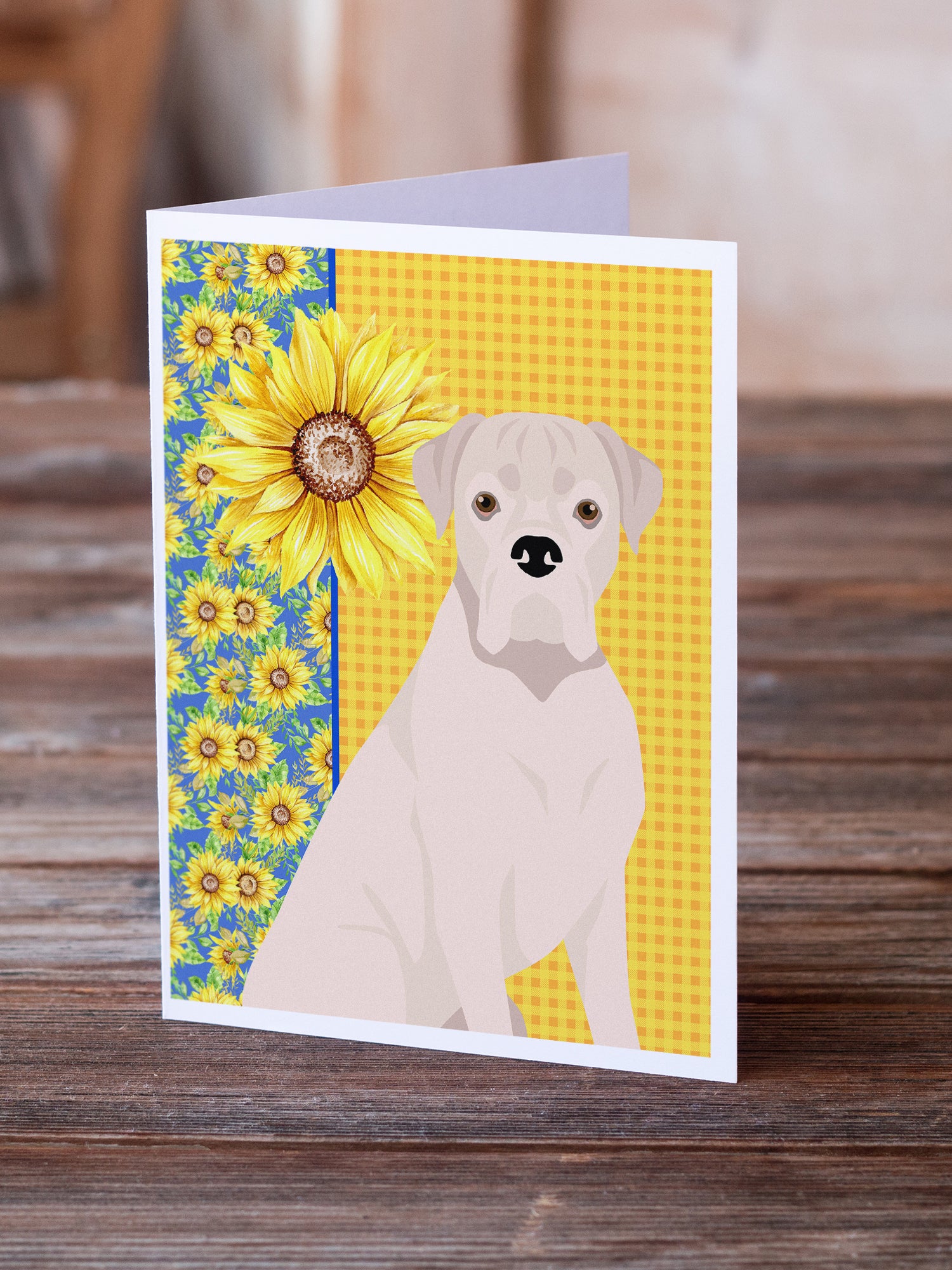 Summer Sunflowers Natural Eared White Boxer Greeting Cards and Envelopes Pack of 8 - the-store.com