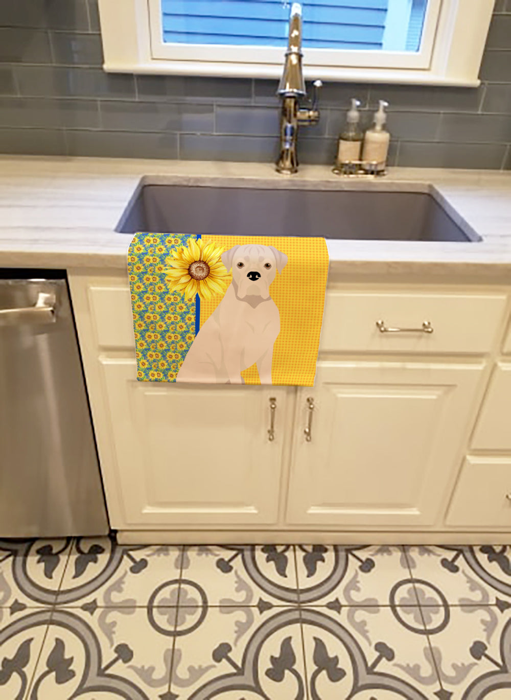 Summer Sunflowers Natural Eared White Boxer Kitchen Towel - the-store.com