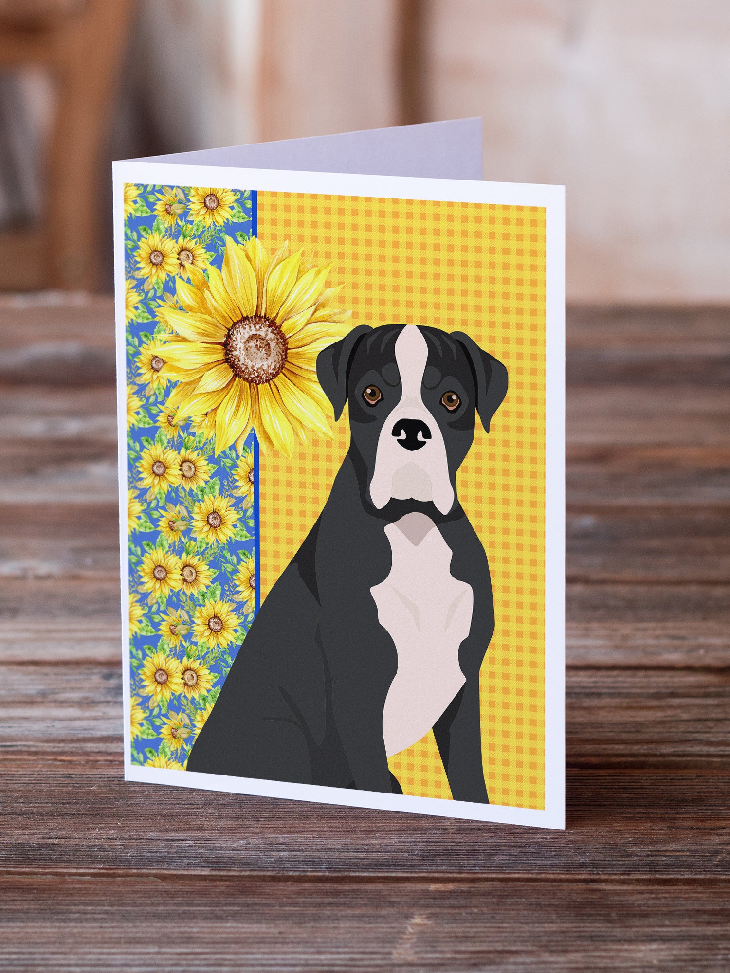 Summer Sunflowers Natural Eared Black Boxer Greeting Cards and Envelopes Pack of 8 - the-store.com