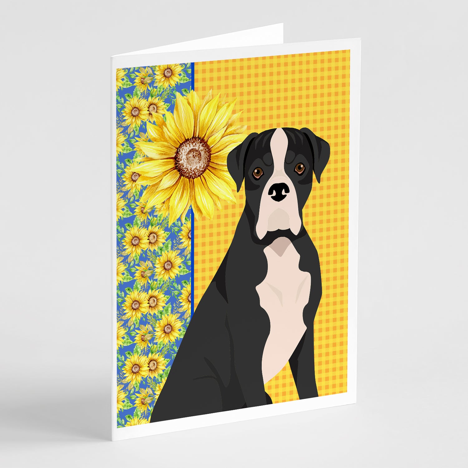 Buy this Summer Sunflowers Natural Eared Black Boxer Greeting Cards and Envelopes Pack of 8