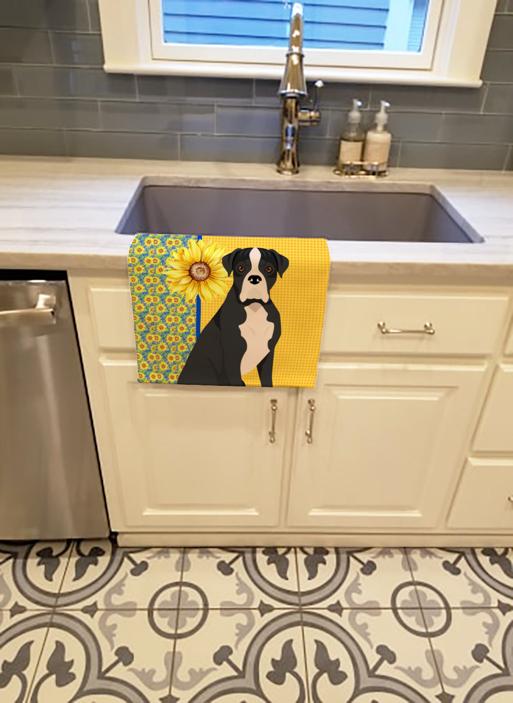 Summer Sunflowers Natural Eared Black Boxer Kitchen Towel - the-store.com