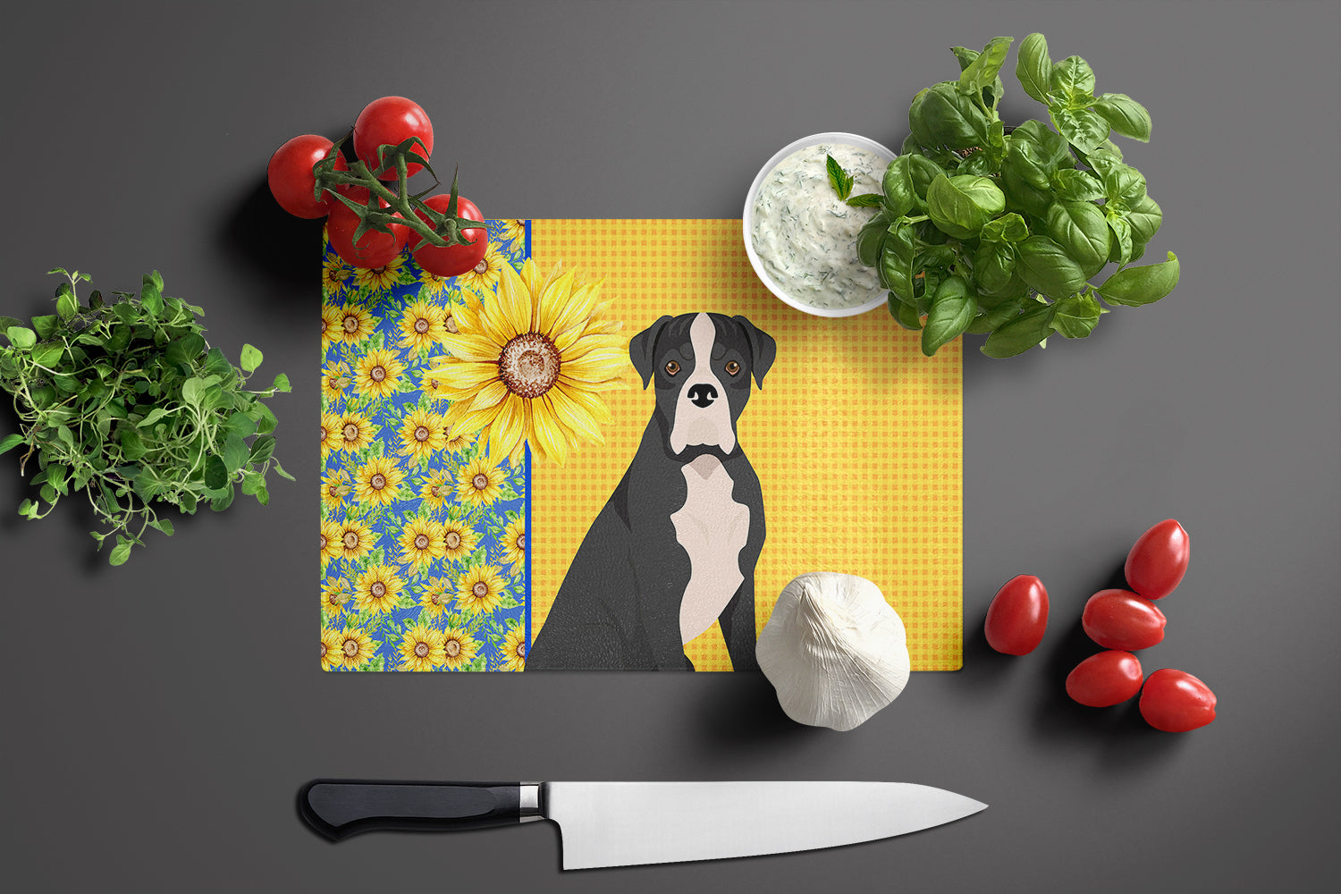 Summer Sunflowers Natural Eared Black Boxer Glass Cutting Board Large - the-store.com