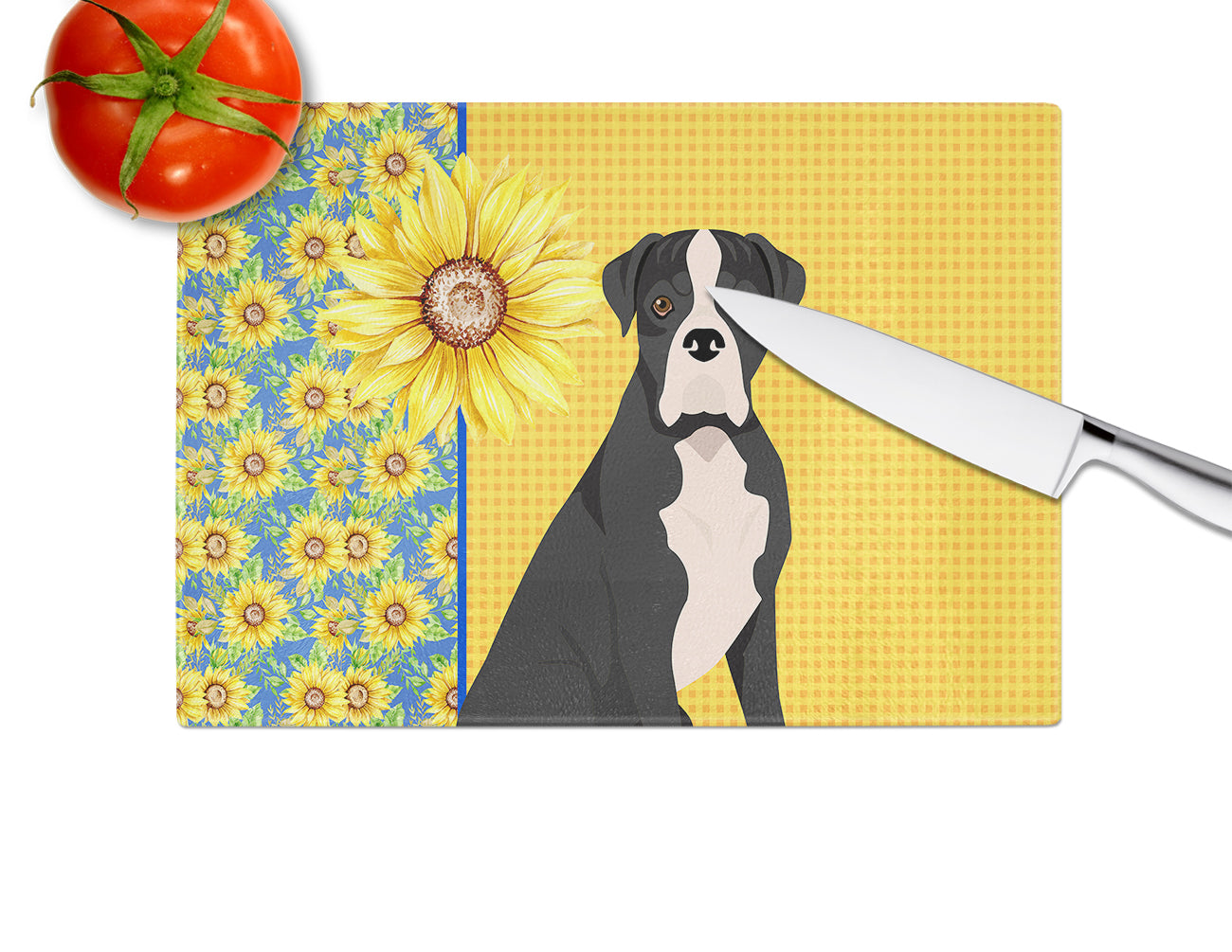 Summer Sunflowers Natural Eared Black Boxer Glass Cutting Board Large - the-store.com