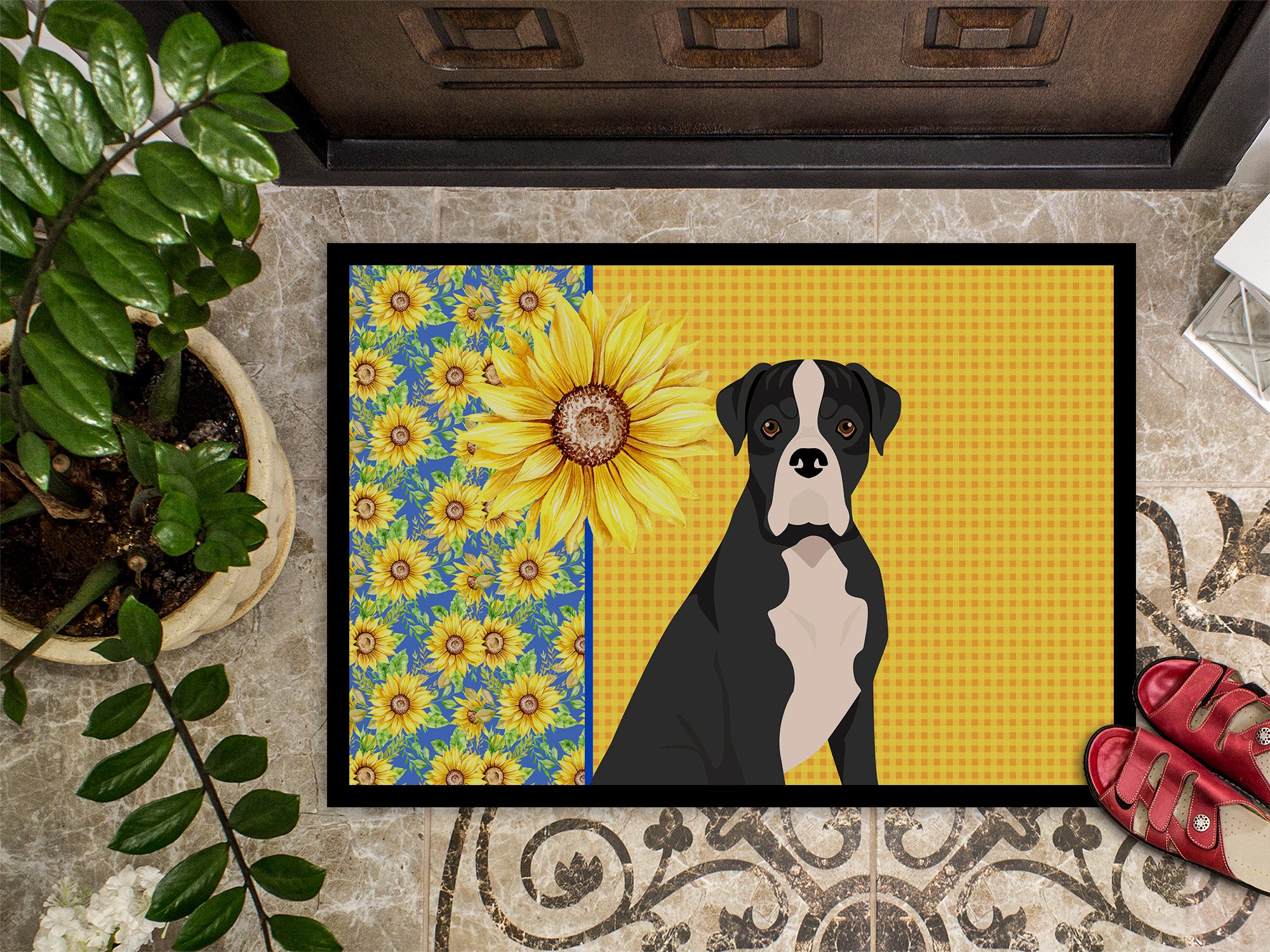 Summer Sunflowers Natural Eared Black Boxer Indoor or Outdoor Mat 18x27 - the-store.com