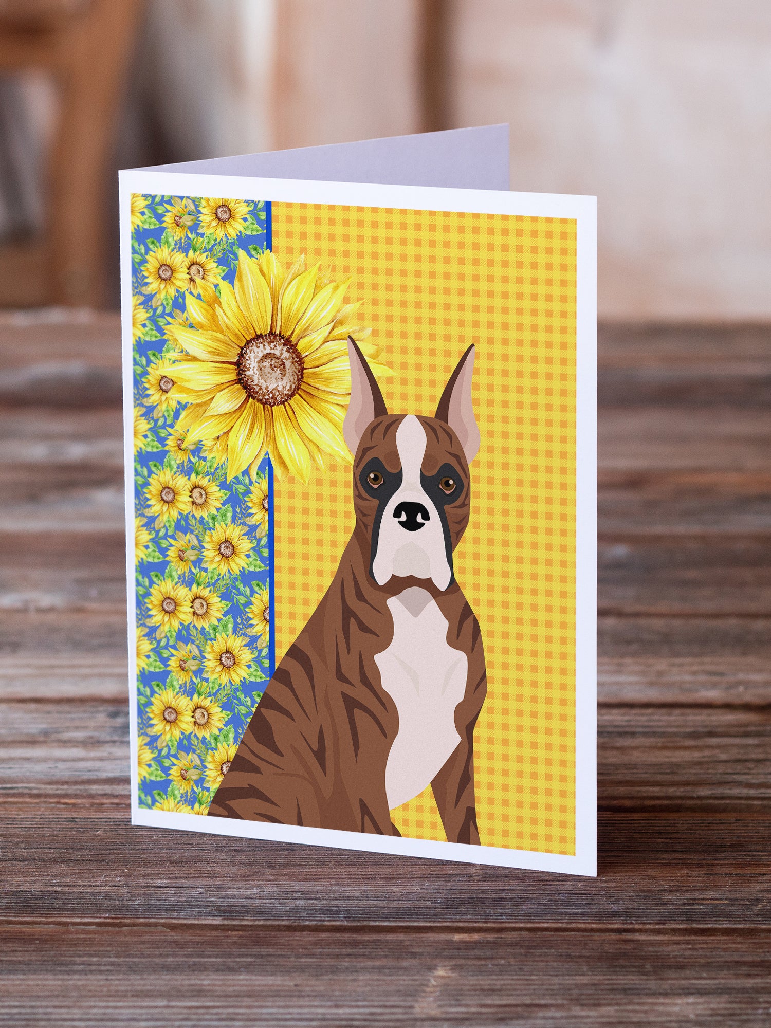 Buy this Summer Sunflowers Red Brindle Boxer Greeting Cards and Envelopes Pack of 8