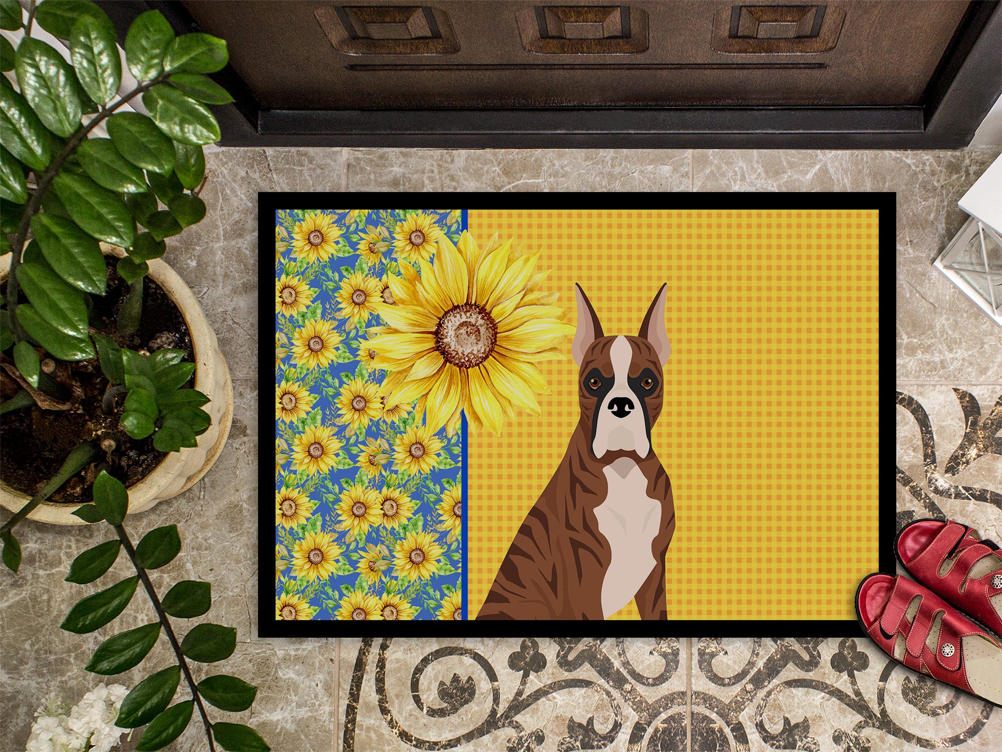 Summer Sunflowers Red Brindle Boxer Indoor or Outdoor Mat 24x36 - the-store.com