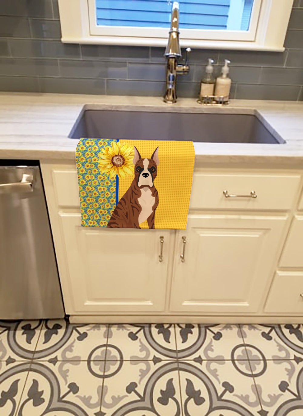 Summer Sunflowers Red Brindle Boxer Kitchen Towel - the-store.com