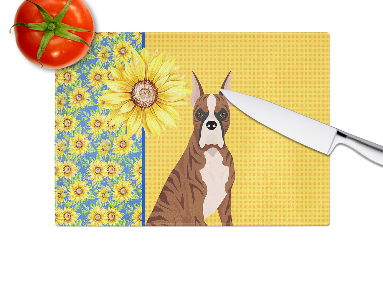 Summer Sunflowers Red Brindle Boxer Glass Cutting Board Large - the-store.com