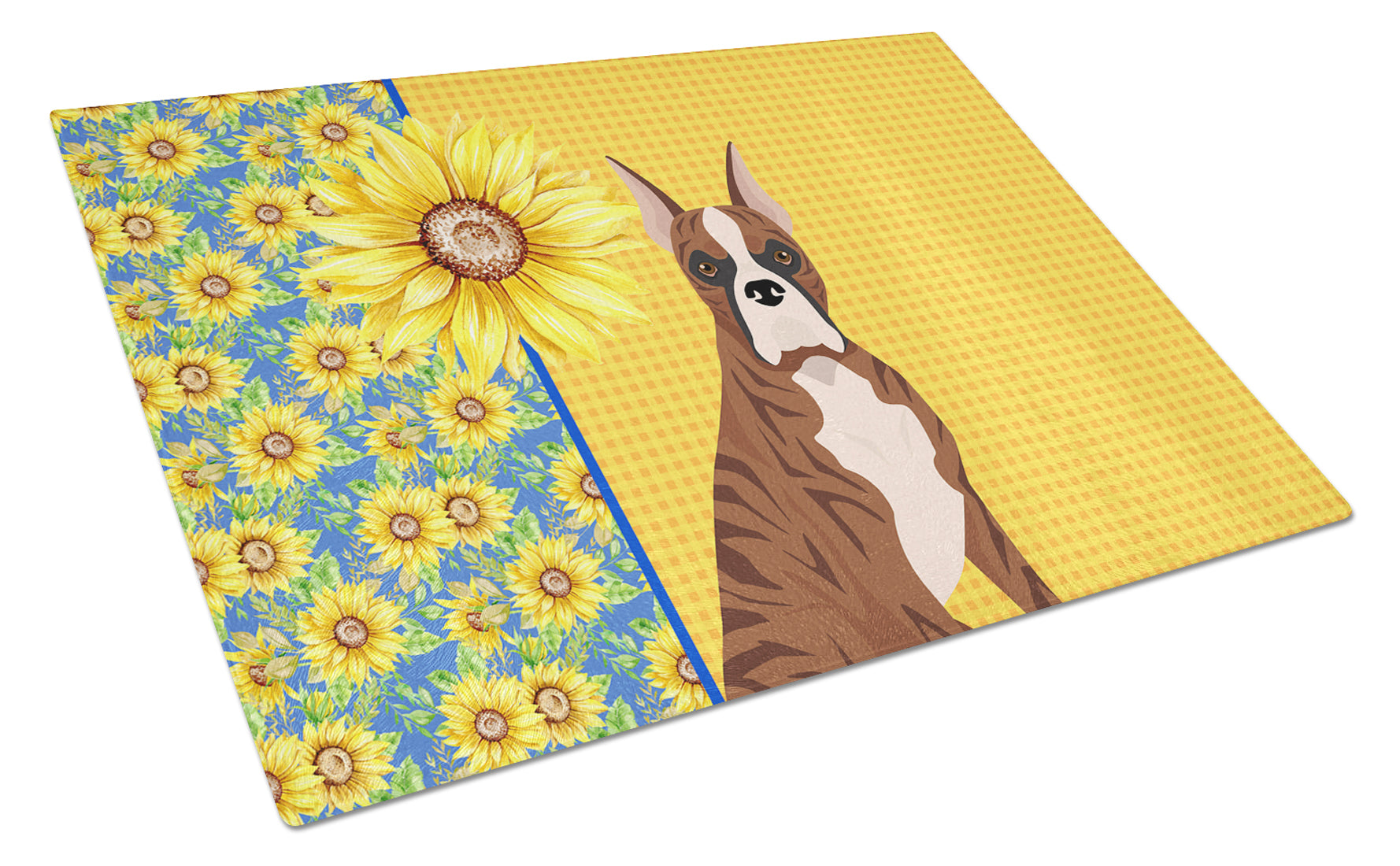 Buy this Summer Sunflowers Red Brindle Boxer Glass Cutting Board Large