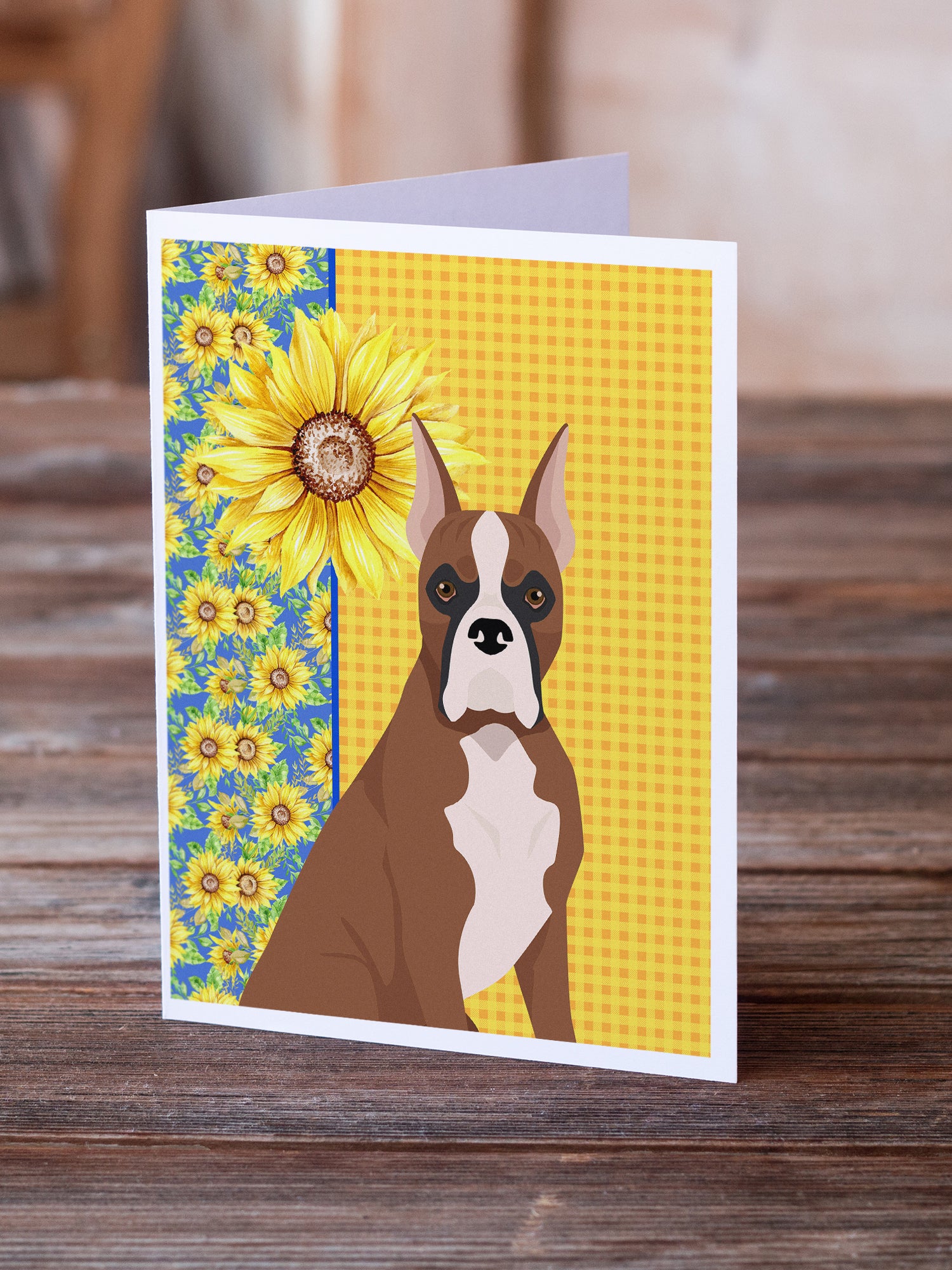 Buy this Summer Sunflowers Red Fawn Boxer Greeting Cards and Envelopes Pack of 8