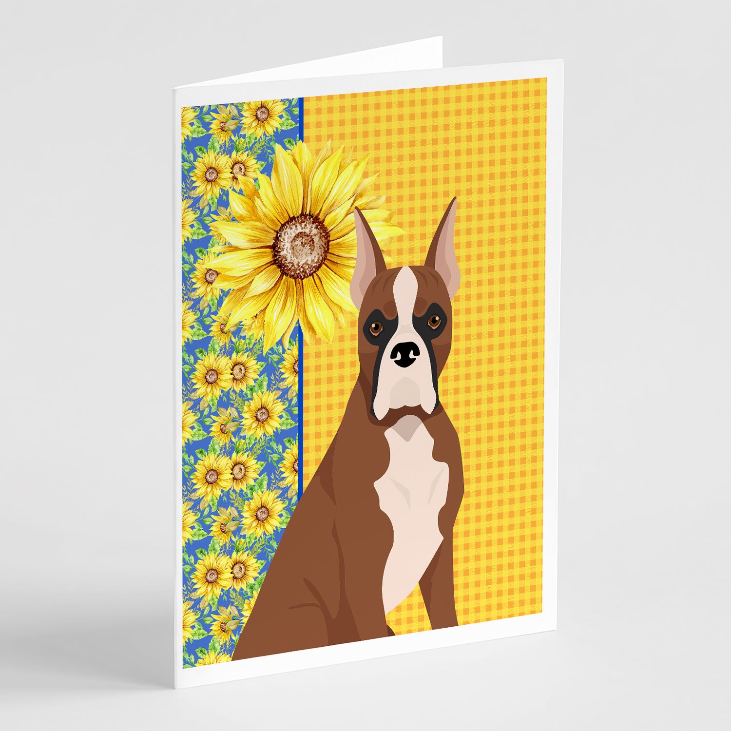 Buy this Summer Sunflowers Red Fawn Boxer Greeting Cards and Envelopes Pack of 8