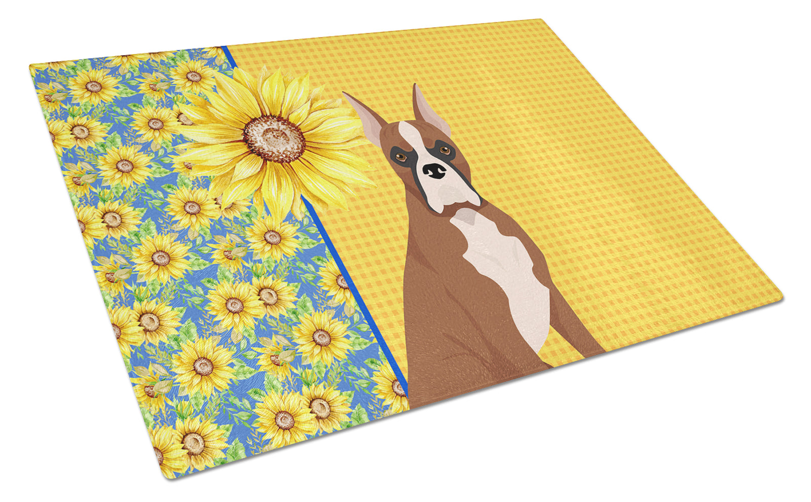Buy this Summer Sunflowers Red Fawn Boxer Glass Cutting Board Large