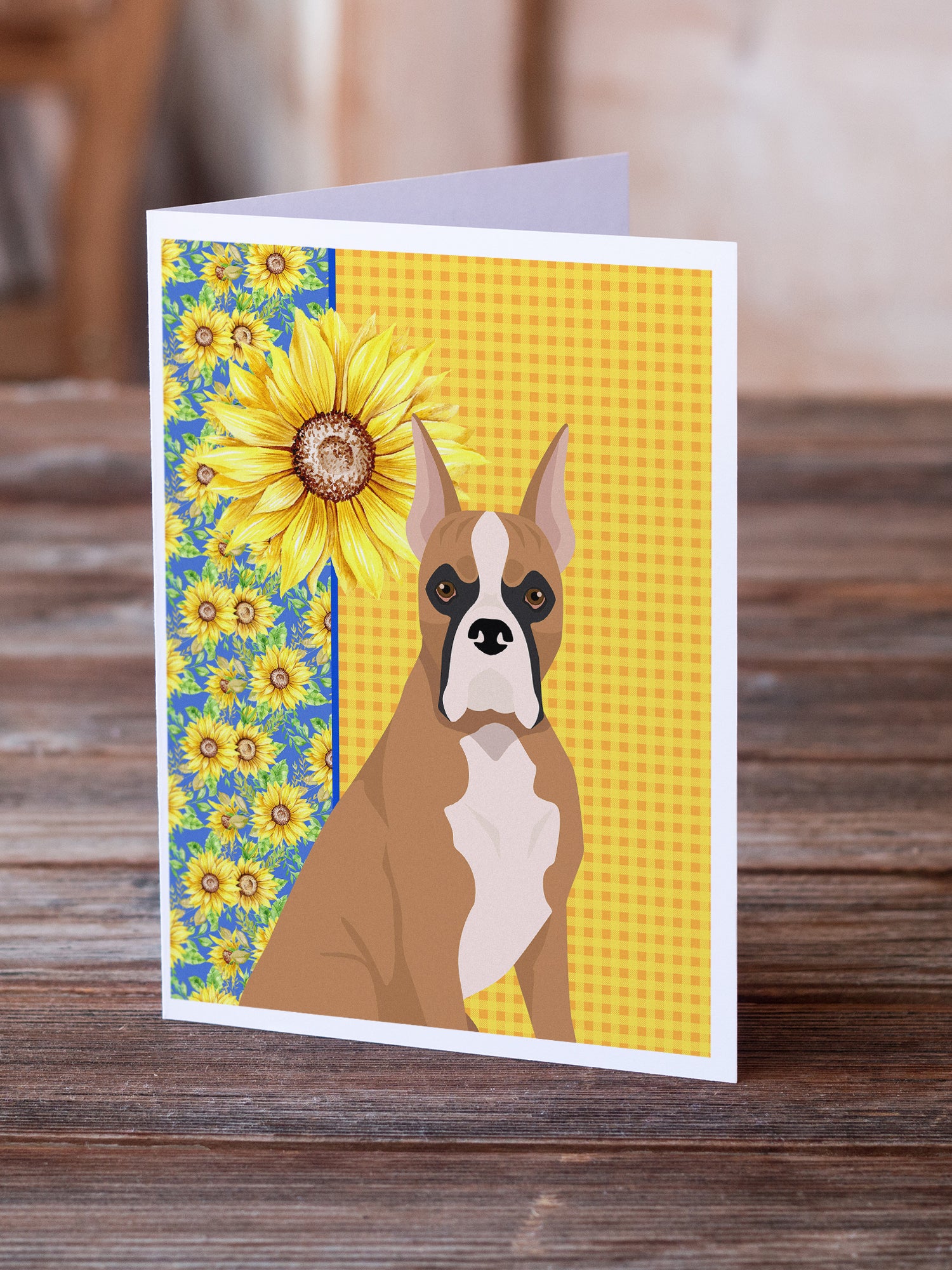 Buy this Summer Sunflowers Fawn Boxer Greeting Cards and Envelopes Pack of 8