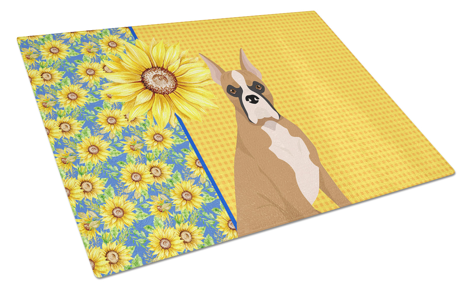 Buy this Summer Sunflowers Fawn Boxer Glass Cutting Board Large