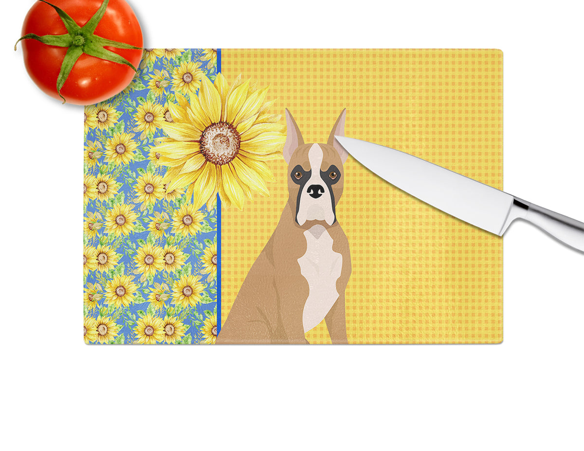 Caroline's Treasures Summer Sunflowers Fawn Boxer Glass Cutting Boards – Durable, Decorative Kitchen Art Large