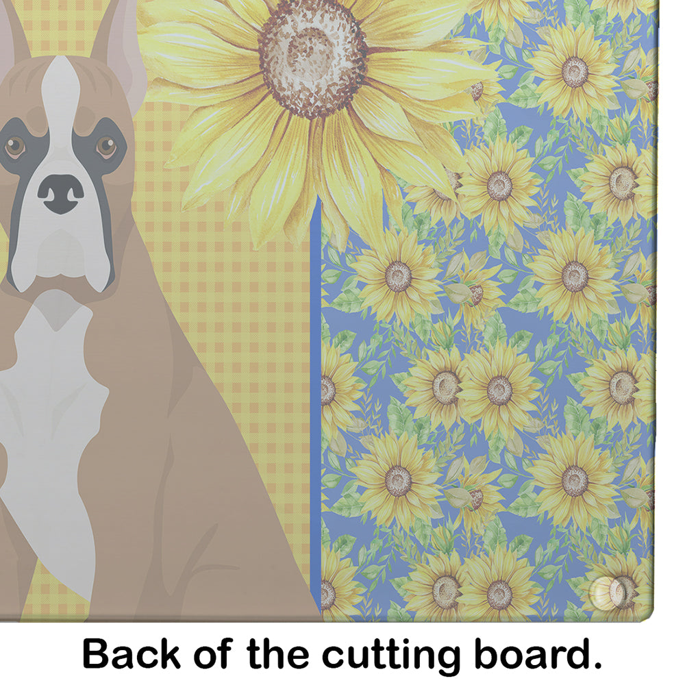 Summer Sunflowers Fawn Boxer Glass Cutting Board Large - the-store.com