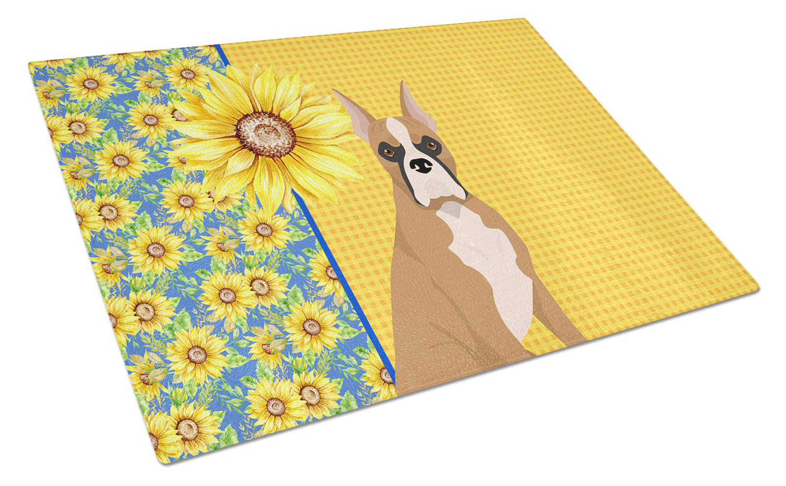 Caroline's Treasures Summer Sunflowers Fawn Boxer Glass Cutting Boards – Durable, Decorative Kitchen Art Large