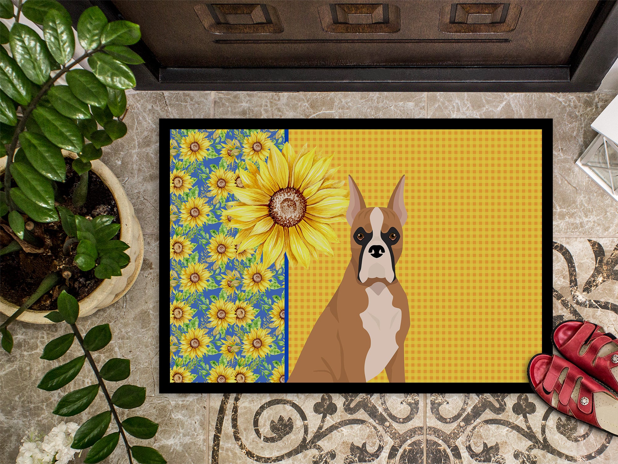 Summer Sunflowers Fawn Boxer Indoor or Outdoor Mat 18x27 - the-store.com