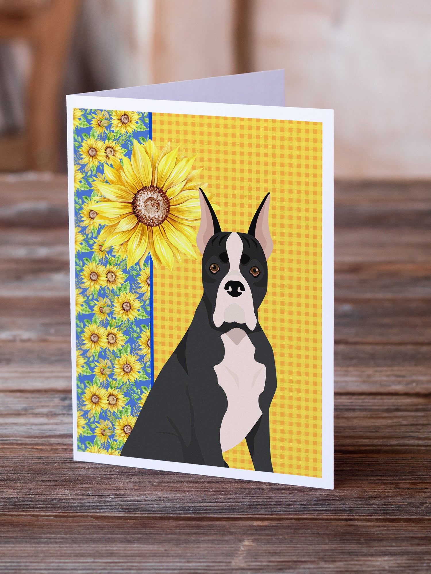 Buy this Summer Sunflowers Black Boxer Greeting Cards and Envelopes Pack of 8