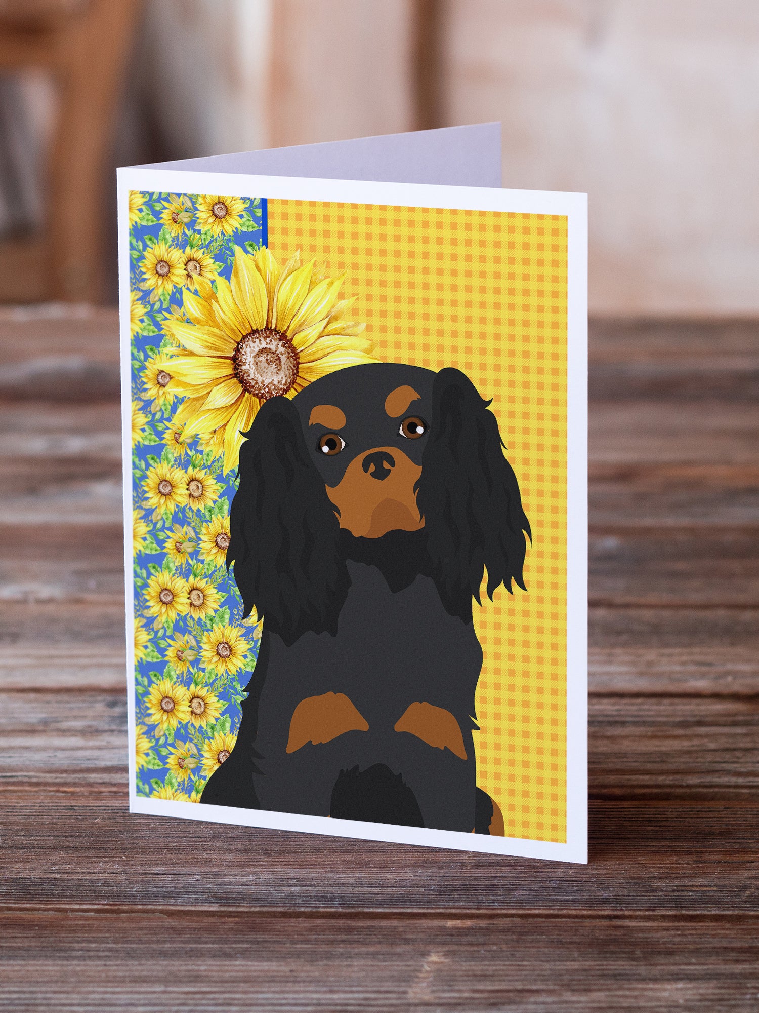 Summer Sunflowers Black and Tan Cavalier Spaniel Greeting Cards and Envelopes Pack of 8 - the-store.com