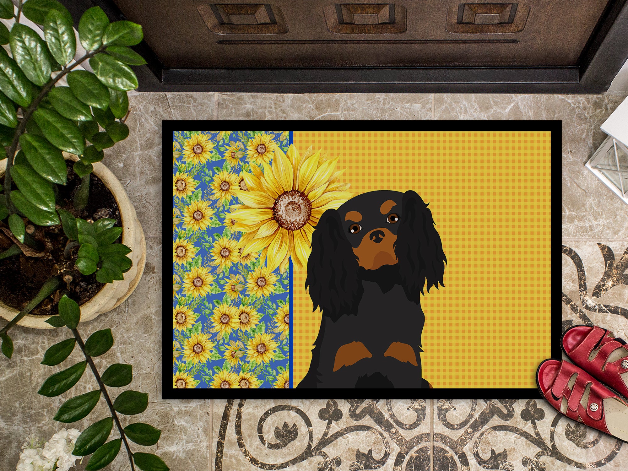 Summer Sunflowers Black and Tan Cavalier Spaniel Indoor or Outdoor Mat 24x36 - the-store.com
