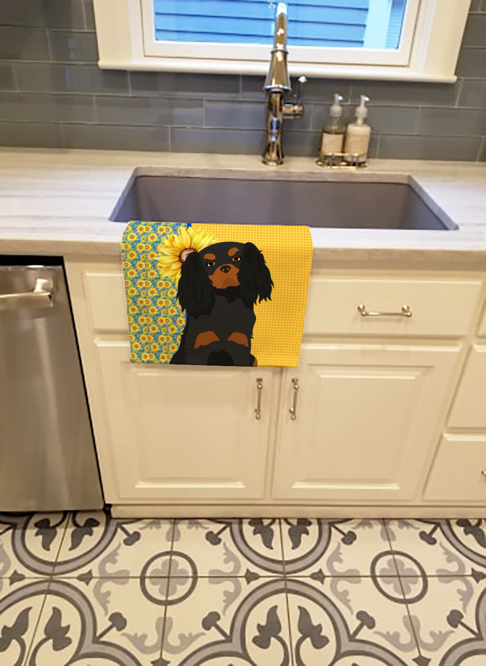 Buy this Summer Sunflowers Black and Tan Cavalier Spaniel Kitchen Towel