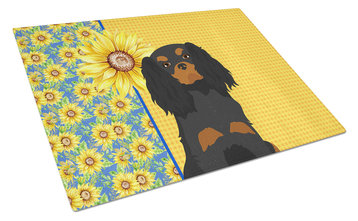 Buy this Summer Sunflowers Black and Tan Cavalier Spaniel Glass Cutting Board Large