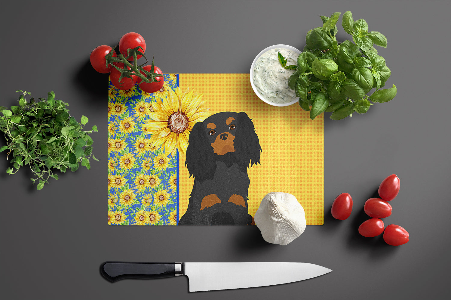 Summer Sunflowers Black and Tan Cavalier Spaniel Glass Cutting Board Large - the-store.com