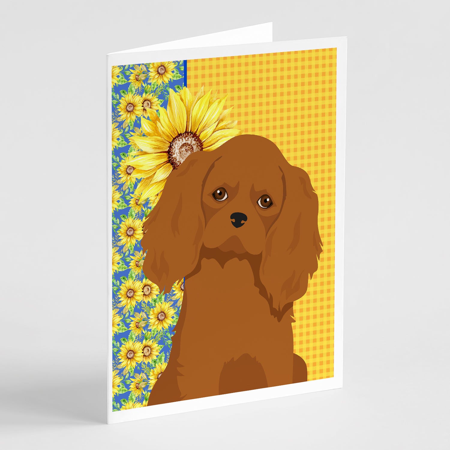 Buy this Summer Sunflowers Ruby Cavalier Spaniel Greeting Cards and Envelopes Pack of 8